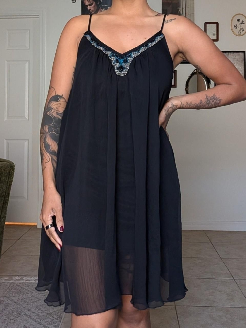 Express Black Midi Slip Dress with Blue Embroidered V-Neck